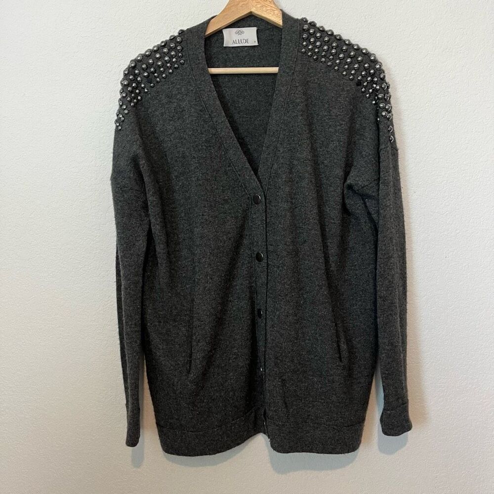 Allude Gray Embellished Wool Cashmere Cardigan Sweater Women's Medium